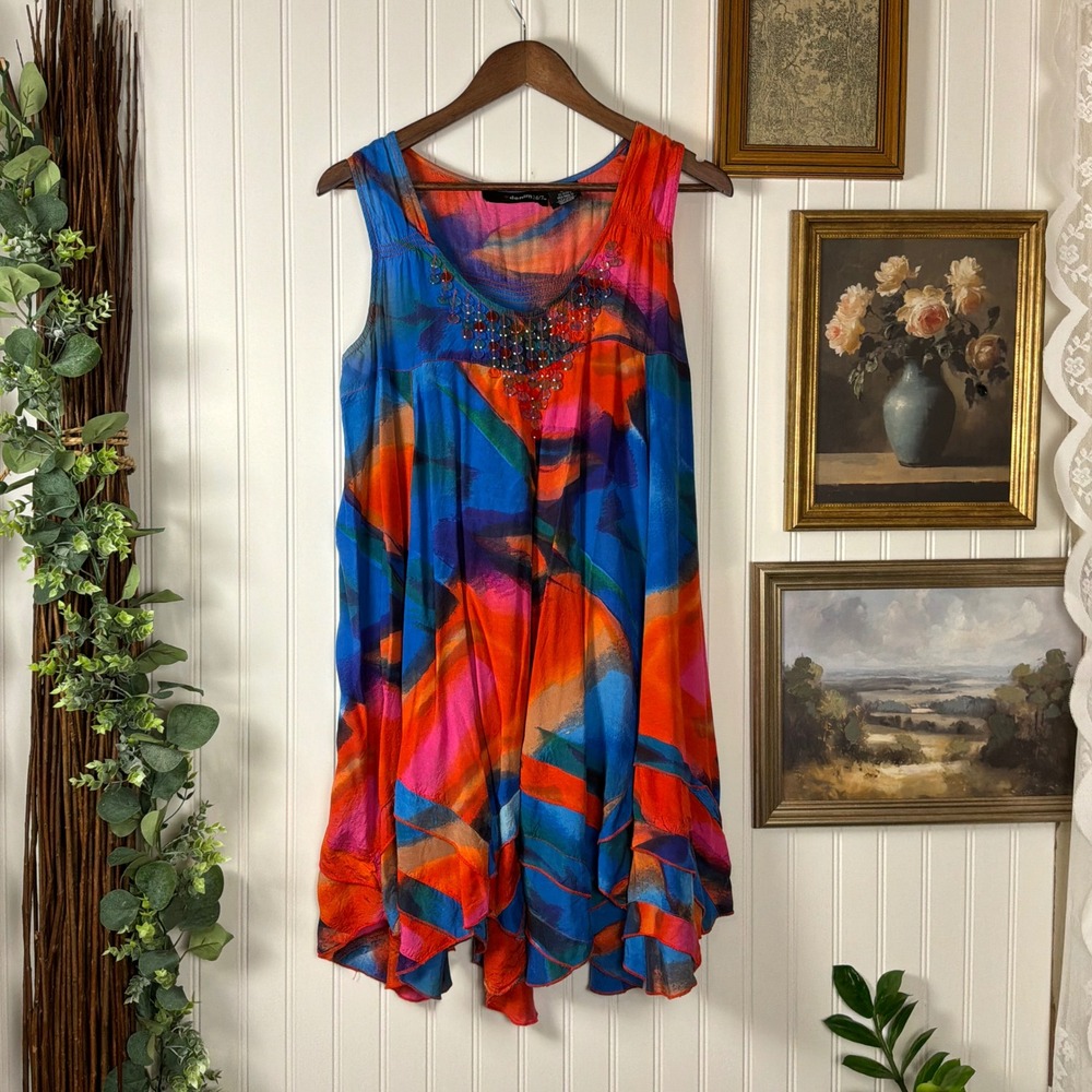 Denim 24/7 Sleeveless Tunic Womens 18W Red Multi Excellent Beaded Abstract Rayon